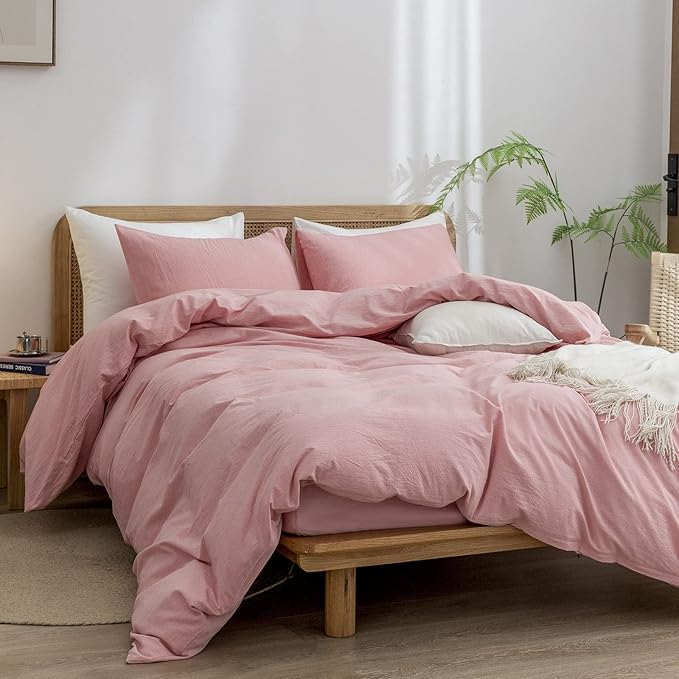 BESTOUCH Duvet Cover Set 100% Washed Cotton Linen Feel Super Soft Comfortable Chic Lightweight 3 PCs Home Bedding Set Solid Red Pink Cal King