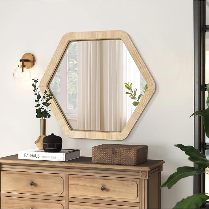 ULIKE Rattan Mirror for Wall, Bathroom 30 Inch Rustic Farmhouse Wall Decor with Handmade Wicker Frame, Boho Woven Mirror for Nursery Bathroom Living Room Entryway