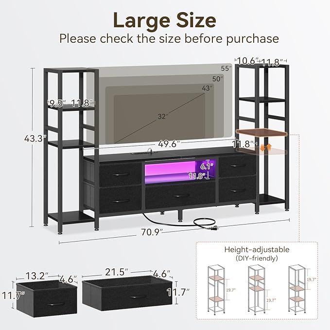 Casaottima 71" TV Stands for 43, 50, 55 Inch TV Entertainment Center with LED Lights and Power Outlets, TV Stand for Living Room with 5 Fabric Drawers & Shelf, TV Console Cabinet for Bedroom, Black
