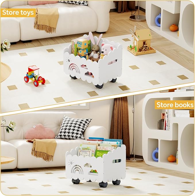 Wood Kids Bookshelf, Montessori Bookshelf, With 2 Adjustable Dividers, 4 Wheels Suitable Kids Rooms, Nursery & Classroom, Book Shelf For Kids Rooms, Toddler Book Rack, Nursery Book Shelves White