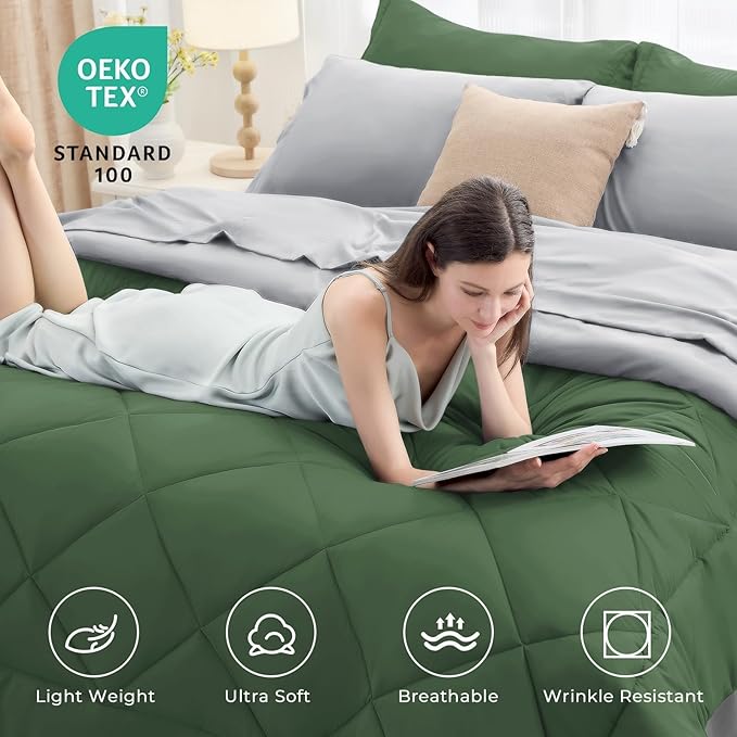 HEVUMYI Cali-King Comforter Set - 7-Piece All Season Bed in a Bag Cali-King, Ultra Soft Bedding Set with Comforter, Flat Sheet, Fitted Sheet, Pillowcases, Pillow Shams, Green & Light Grey