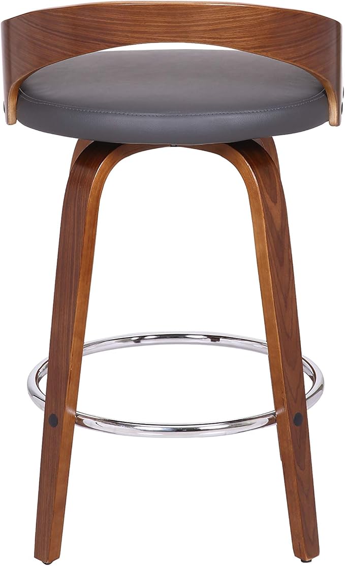Armen Living Sonia 26" Counter Height Swivel Gray Faux Leather and Walnut Wood Bar Stool - Set of 2