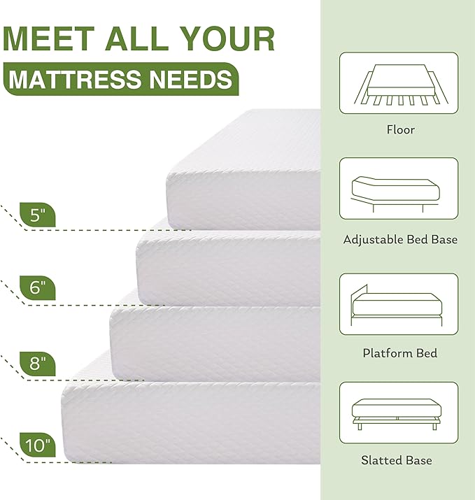 6 Inch Queen Size Mattress for Kids, Memory Foam Mattress with Cooling Green Tea Gel, Relieve Pressure with Medium Firm Support, CertiPUR-US Certified, 80''L x 60''W, White