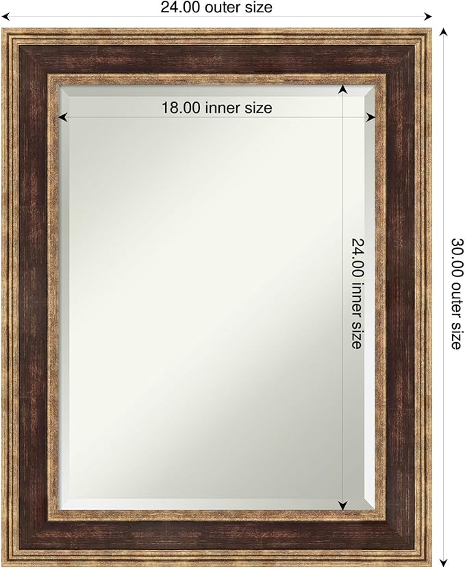 Amanti Art Bronze Bathroom Mirror for Over Sink, 30x24 Ridge Light Bronze Rectangle Vanity Mirror, Medium Traditional Frame, Hangs Horizonally and Vertically, Bathroom Wall Decor, Beveled Edge