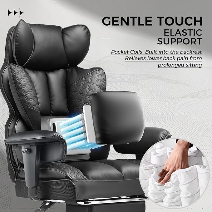 COMHOMA Big and Tall Office Chair 400LBS Wide Ergonomic Gaming Chair with Deluxe Embossing Leather with Foot Rest 150°Reclining Adjustable Armrests Pocket Spring Back Support and Without Pillow