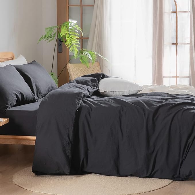 BESTOUCH Duvet Cover Set 100% Washed Cotton Linen Feel Super Soft Comfortable Chic Lightweight 3 PCs Home Bedding Set Solid Deep Black Super Queen
