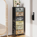 Tohomeor Vintage Dresser Vertical Nightstand with Neutral Botanical Plant Fabric Chest Drawers for Closet Bathroom Storage Tower Unit Bed Side Organizer Farmhouse Rustic (Multi, 6 Drawers)