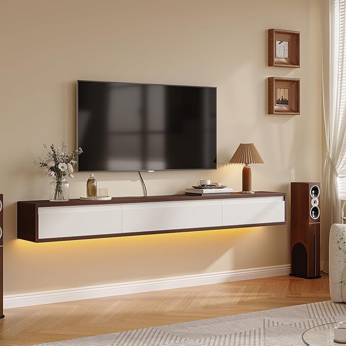Floating TV Stand High Gloss,86'' Wall-Mounted TV Cabinet,Floating TV Console,Under TV Shelf with 3 Doors for Living Room Bedroom(Walnut+White)