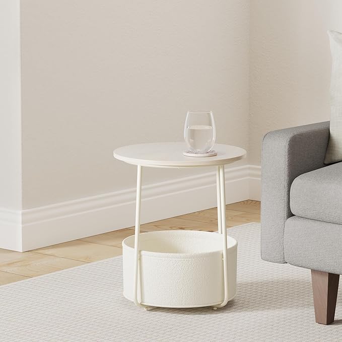 VASAGLE Small Round Side End Table, Modern Nightstand with Fabric Basket, Cream White ULET223K67