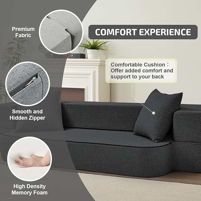 2-in-1 Folding Sofa Bed with Pillows - Folding Chair Floor Couch & Sleeping Mattress - Washable Cover & Memory Foam Sleeper Chair for Living Room/Guest Room/Apartment/Loft, Dark Gray, Twin XL
