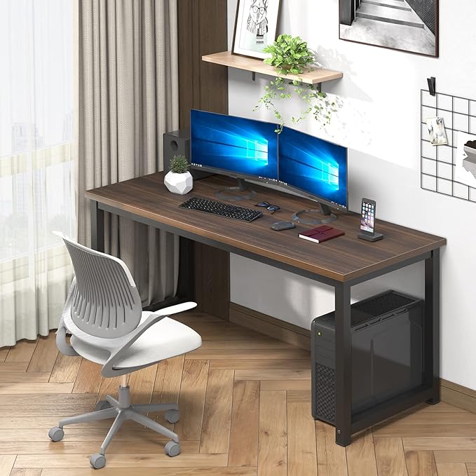 NSdirect Large Office Desk for Home Office, Large 63” Computer Desk Table, Wide Writing Study Desk for 2 Person, Metal Sturdy Frame Thicker Steel Legs, Black Chocolate