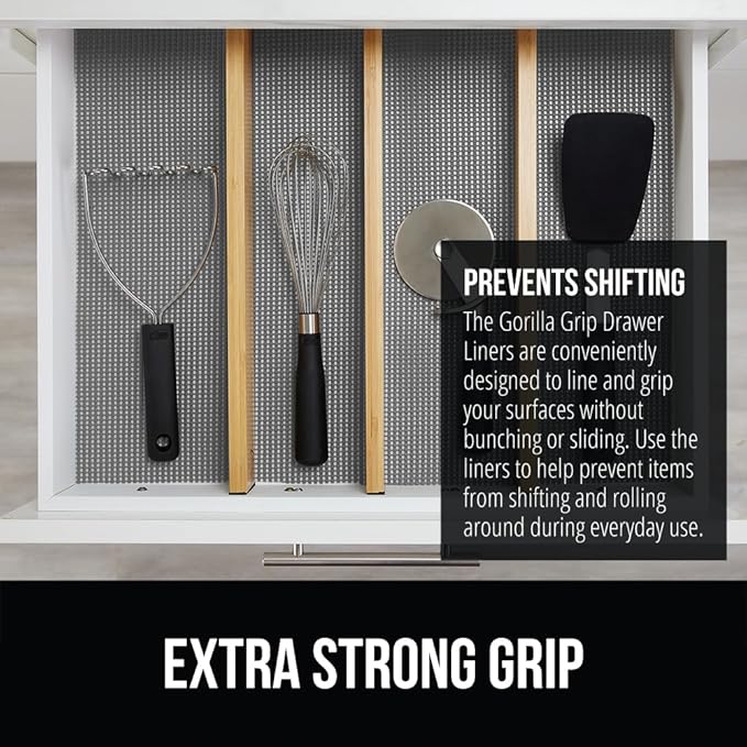 GORILLA GRIP powerGRIP Drawer Shelf and Cabinet Liner, Thick Strong Hold, Non-Adhesive Liners Protect Kitchen Cabinets and Cupboard, Bathroom Drawers, Easy Install, Breathable Mat, 12" x30', Gray