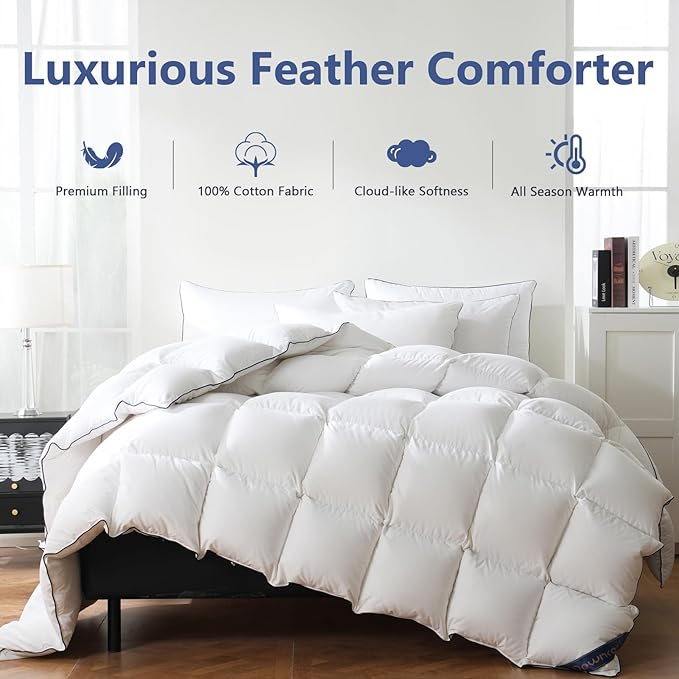 DOWNCOOL Feather Comforter Oversized King Size, Ultra Soft Fluffy Duvet Insert with 100% Cotton Cover, All Season Luxurious Hotel Bedding Comforters with Corner Tabs, White 116"x98"