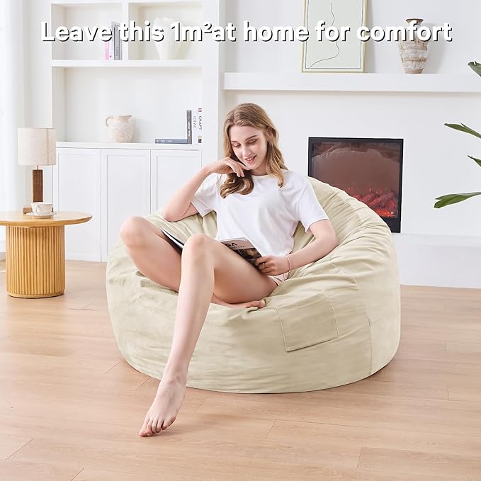 Bean Bag Chairs for Adults - Giant Bean Bag Chair Convertible Bean Bag Bed - Beanbag Chair with Micro Fiber Cover/Furniture Foam Filler - Floor Couch Sofa in Bedroom Dorm Room - Full Beige