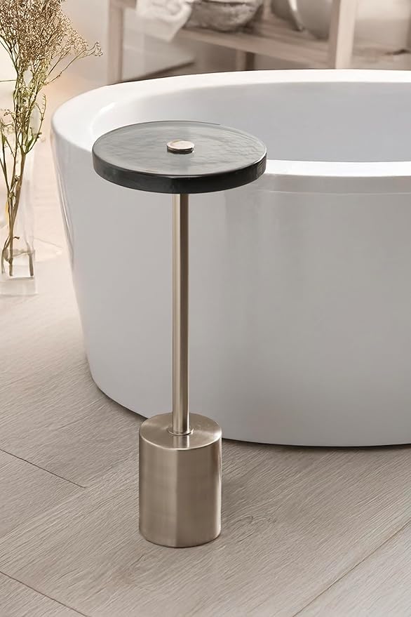 Kate and Laurel Xyler Modern Round Metal and Glass Drink Table, 10 x 10 x 24, Gray Glass and Silver, Decorative Plant Pedestal Table for Use as Indoor Plant Stand or Small Bathtub Table
