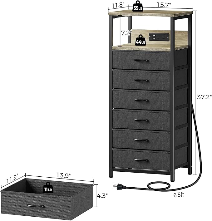 Seventable Night Stand with Charging Station, Tall Nightstand with 6 Fabric Storage Drawers, Side Table with LED Light for Bedroom, Entryway, Greige, Set of 2