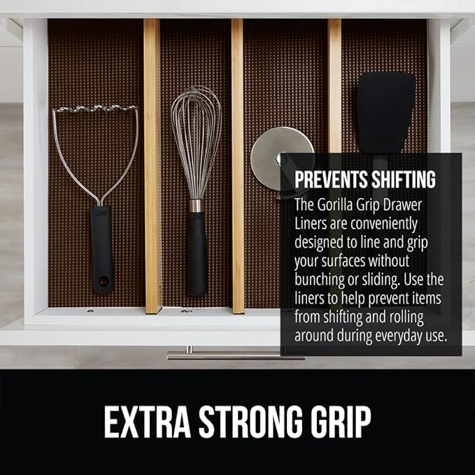 GORILLA GRIP powerGRIP Drawer Shelf and Cabinet Liner, Thick Strong Hold, Non-Adhesive Liners Protect Kitchen Cabinets and Cupboard, Bathroom Drawers, Easy Install, Breathable Mat, 12" x10', Chocolate
