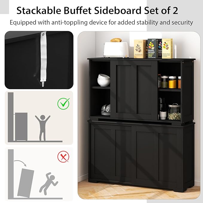 Costzon Sideboard Buffet Cabinet of 2, Wooden Kitchen Storage Cabinet with Adjustable Shelf, Sliding Barn Door, Accent Coffee Bar Cabinet Console Table for Living Room, Dining Room, Hallway