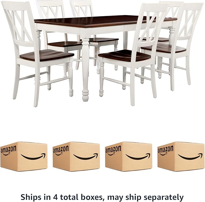 Crosley Furniture Shelby 7-Piece Traditional Dining Table Set for 6, Dinner Tables with Kitchen Chairs, Distressed White