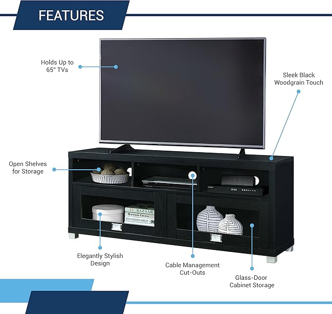 Techni Mobili TV Stand for 55+ Inch TV - Durbin Entertainment Center for 65 Inch TV - Living Room & Media Furniture with Glass Storage Cabinet Drawers, Shelves, & Cable Management Opening - Black