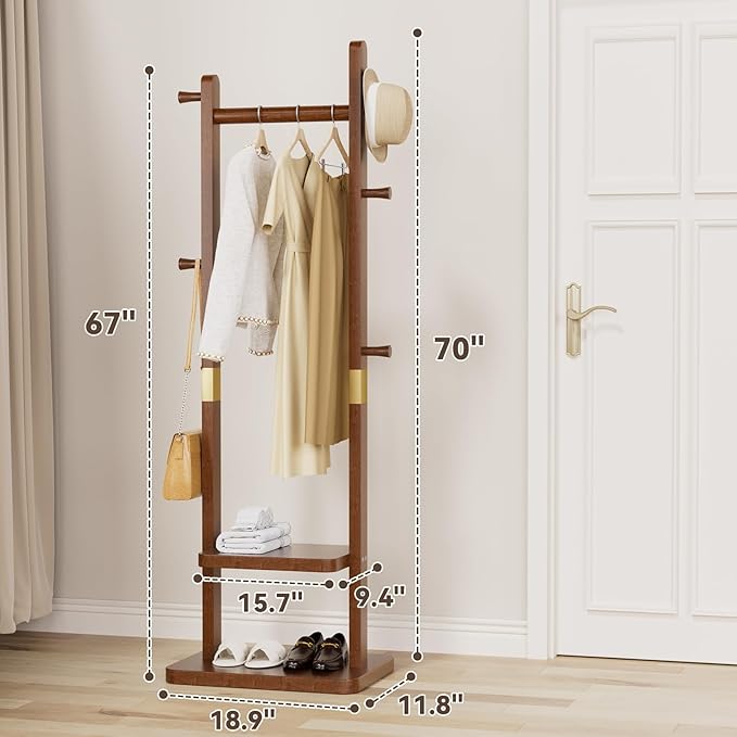 Solid Wood Coat Rack Clothes Rack, Coat Rack Freestanding with 2 Shelves and 5 Hooks, Heavy Duty Coat Tree for Entryway, Living room, Coat Hanger Stand for Hats, Bags Clothes(Walnut Brown)