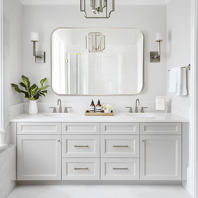 MZON 16x20Inch Brushed Nickel Bathroom Mirror, Rectangle Wall Mounted Mirror for Bathroom or Dresser, Anti-Rust Frame&Tempered Glass, Hangs Horizontally/Vertically - Space-Saving Modern Decor