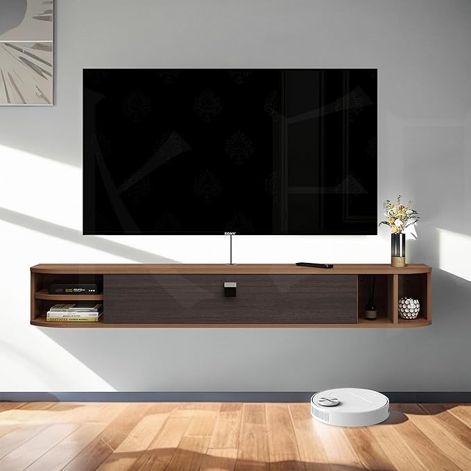 Pmnianhua Floating TV Stand,55'' Under TV Shelf,Modern Floating TV Console,Wall Mounted TV Cabinet, Entertainment Center with Storage for Bedroom Living Room(Walnut)