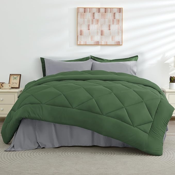 HEVUMYI Twin Comforter Set - 5-Piece All Season Bed in a Bag Twin, Ultra Soft Bedding Set with Comforter, Flat Sheet, Fitted Sheet, Pillowcases, Pillow Shams, Green & Light Grey