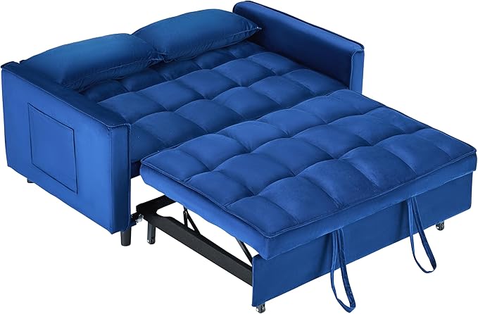 Ball & Cast 3 in 1 Convertible Sleeper Sofa Bed,Velvet Futon Couch with Pull-Out Bed,Convertible Pull Out Couches W/ 2 Pillows,Adjustable Backrest & Side Pocket,for Living Room,Apartment,Blue,55"