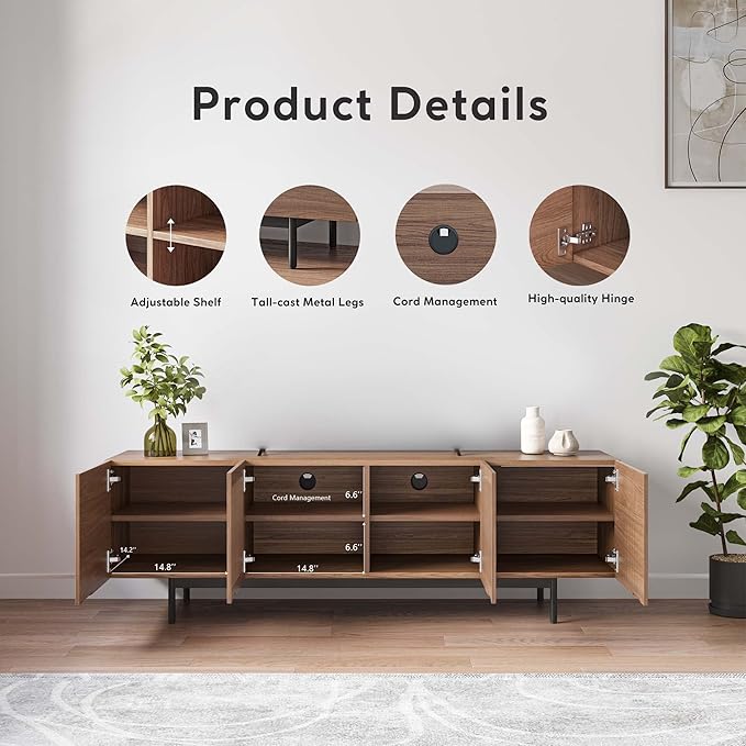 POVISON Full Assembled Mid-Century Modern TV Stand with Slatted Doors, Wood Media Console for 65 Inch TV, TV Console with Tall-cast Metal Legs, Entertainment Center with Storage for Living Room