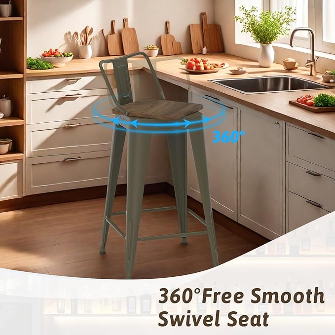 24 Inch Swivel Bar Stools Set of 4, Counter Height Bar Stools with Low Back, Metal Industrial Bar Chairs for Kitchen Island (Rusty)