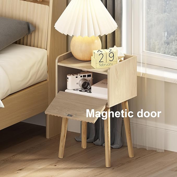 LAATOOREE Nightstand Set of 2, Small Bed Side Table with Fluted Door, End Table with Solid Wood Legs, Mid-Century Bedside Table for Bedroom Small Space