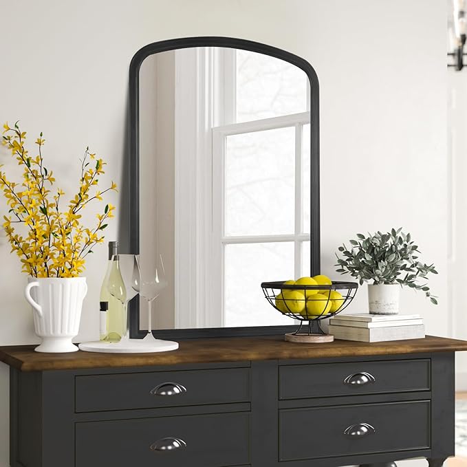 HOMECOOKIN Wood Arched Mirror for Bathroom, 20" x 30" Farmhouse Rustic Arched Wall Mirror Wood Framed Vanity Mirror for Home Decor Entryway Living Room (Black)