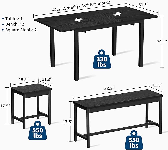 IDEALHOUSE 5-Piece Extendable Dining Table Set for 4-8 People, 63 Inch Kitchen Table with 2 Benches & 2 Stools, Space Saving Modern Dining Room Furniture, Easy Assembly, Black