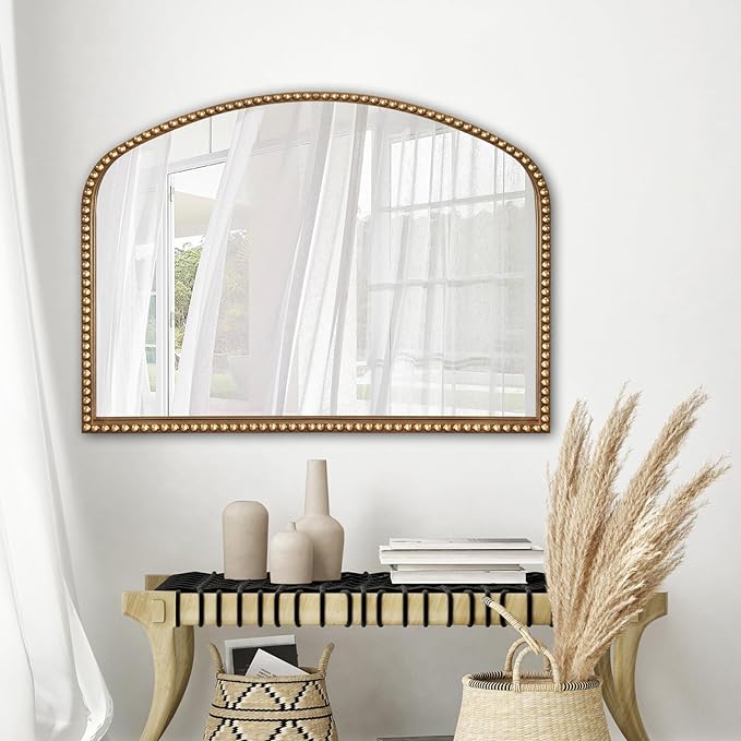 Vanity Mirror for Bedroom, 35" x 28" Large Arch Vintage Gold Wall Mirror, Beaded Frame Decorative Accent Mirrors for Washroom, Living Room, Entryway, Bathroom, Fireplace