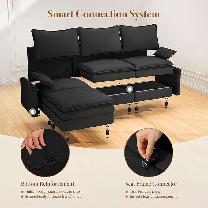 Vesgantti 108" U Shaped Sectional Couch, Comfy Cloud Modular Sectional Sofa with 2 Ottoman Deep Seat Chenille Modern Cloud Sofa, Modular Sofas for Living Room, Bedroom and Apartment, Black