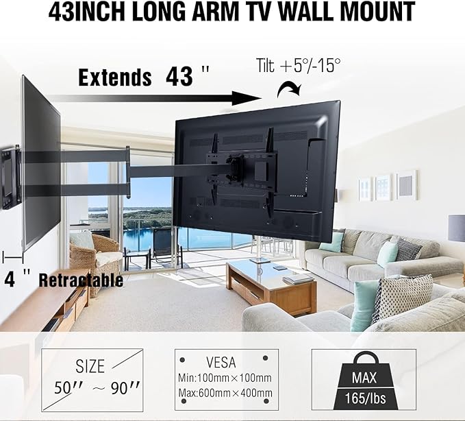 FORGING MOUNT Heavy Duty Long Arm TV Mount,Full Motion TV Mounts Bracket 43 inch Extension Dual Articulating Arm, Fits 50-90 Inch Flat/Curve TVs, Holds up to 198 lbs, VESA600x400mm