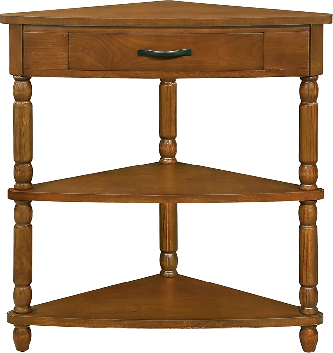 GDFStudio Trmxmbi 3 Tier Corner Console Table with 1 Storage Drawers and Shelves, 33.8'' Rustic Wood Triangle Sofa End Table for Small Spaces, Solid Wood Legs, Brown