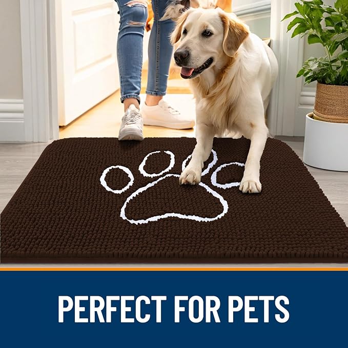 OLANLY Door Mat for Muddy Dog Paws 24x16, Ultra Absorbent Chenille Mud Doormat with Paw Print Design, Non-Slip Washable Doormat for Indoor Entryway, Quick-Dry Pet Bed Mats for Dirty Dogs, Brown
