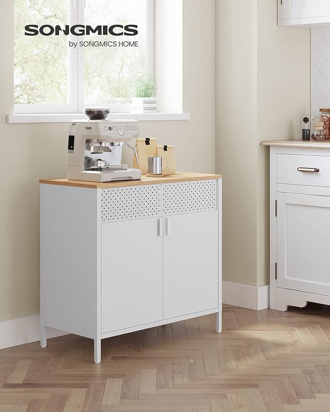 SONGMICS Set of 2 Storage Cabinets, Metal Cabinet, Sideboard with 2 Doors, 15.7 x 31.5 x 29.9 Inches, Magnetic Closure, Adjustable Shelf, Steel Frame, Natural Beige and White ULSC791W01
