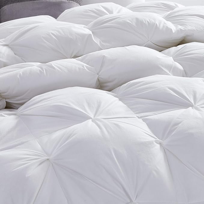 Luxurious All-Season Goose Down Feather Fiber Comforter Super King Size Duvet Insert (120x120), Exquisite Pinch Pleat Design- White, Premium Baffle Box, 100% Egyptian Cotton Cover, 85 oz. Fill Weight