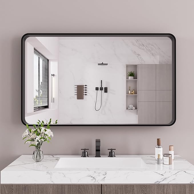 Black Bathroom Mirror 72X40 Inch, Black Metal Framed Mirror for Wall, Rounded Rectangle Matte Bathroom Vanity Mirror with Tempered Glass, Anti-Rust, Horizontal/Vertical