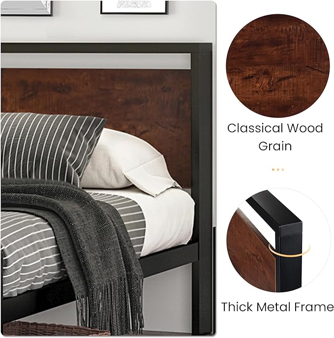 SHA CERLIN 14 Inch Queen Size Metal Platform Bed Frame with Wooden Headboard and Footboard, Mattress Foundation, No Box Spring Needed, Large Under Bed Storage, Non-Slip Without Noise, Mahogany