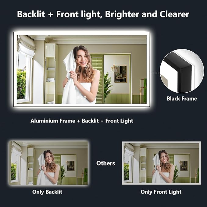 57x36 Inch LED Bathroom Mirror with Lights (Front Lit and Backlit) Black Framed Lighted Vanity Mirror for Bathroom Wall Dimmable Anti-Fog Memory Tempered Glass Horizontal/Vertical