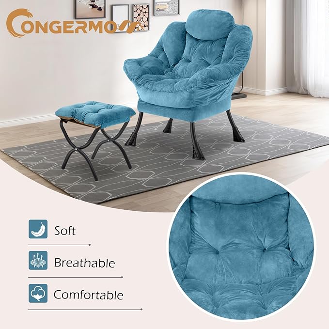 Lazy Chair with Folding Ottoman,Leisure Sofa Chair,Soft Fabric Armchair with Armrests and Side Pockets, Reading Chair with Footrest for Living Room, Bedroom, Office (Plush Blue)