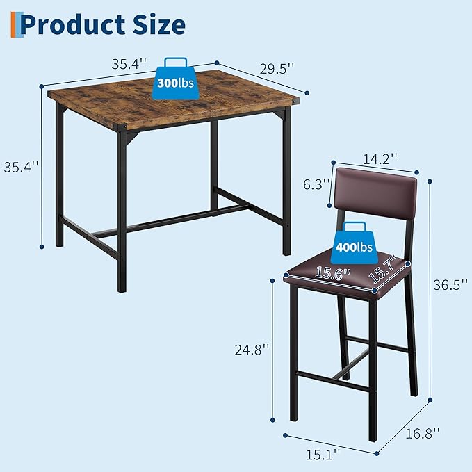 IDEALHOUSE Dining Table Set for 2 w/Counter Height Table & 2 Upholstered Bar Stools, 3-Piece Kitchen Table Set with Footrest & Corner Protector, for Kitchen Room, Apartment, Pub