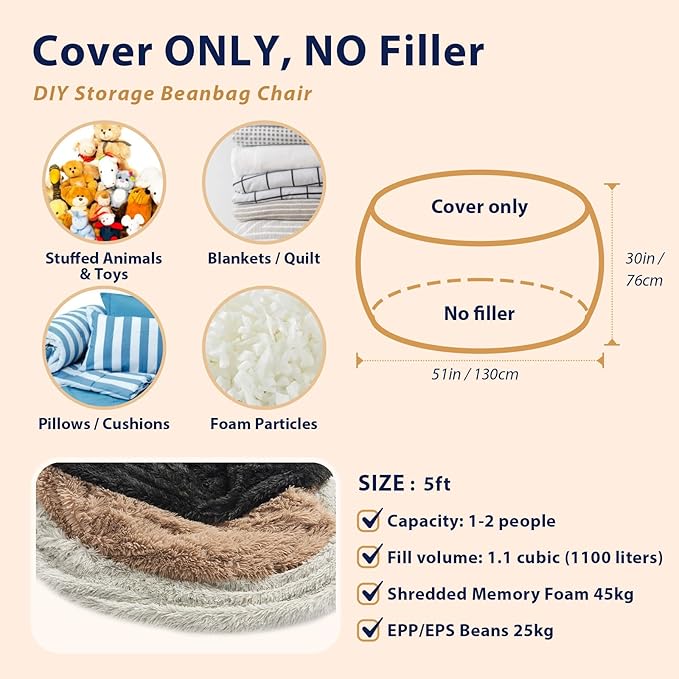 Fluffy Bean Bag for Stuffed Animals Storage, Faux Fur Washable Bean Bag Chair Cover(No Filler) for Textile Plush Toys, Beanbag Chair Cover for Adults Kids Teens, 5FT, Khaki