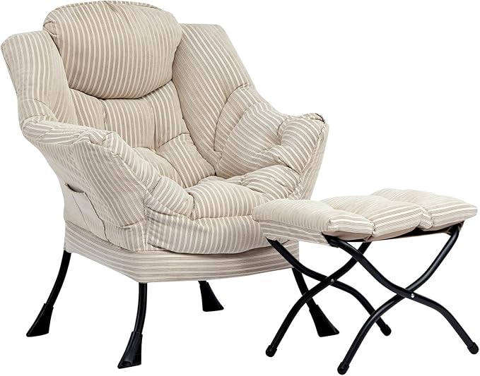 HollyHOME Fabric Lazy Chair with Foldable Ottoman, Accent Comfy Lounge Arm Chair and Folding Footrest Stool Set, Leisure Sofa Reading Chair and Footstool for Living Room, Bedroom, Dorm, Beige Stripe