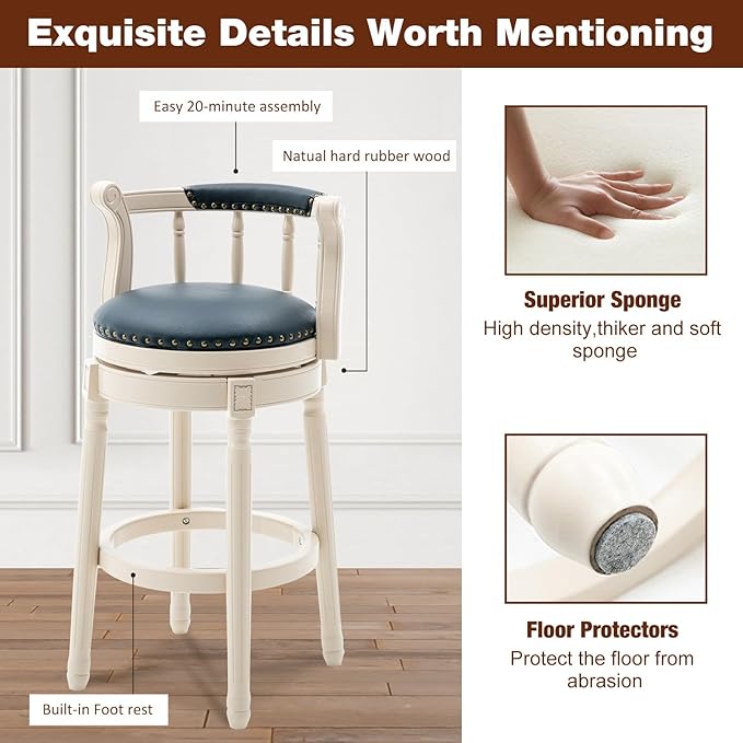 CozyRain Bar Stools Modern Swivel Barstools, Kitchen Counter Genuine Leather Upholstered Bar Stool Island Barstool with Footrest for Home Kitchen Dining Room (Blue, Seat Height 29.5 in)