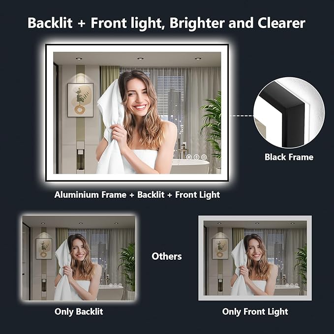 55x40 Inch LED Bathroom Mirror with Lights (Front Lit and Backlit) Black Framed Lighted Vanity Mirror for Bathroom Wall Dimmable Anti-Fog Memory Tempered Glass Horizontal/Vertical